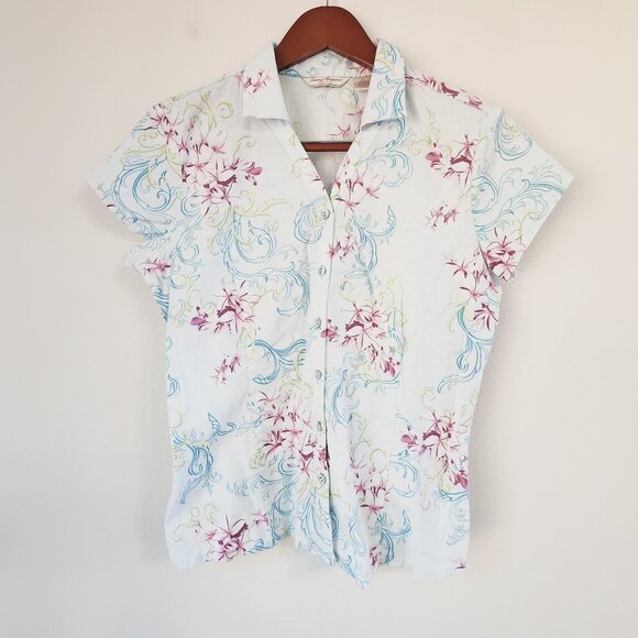 Tommy Bahama Girls Button Down Shirt Collar Floral Print M/8-10 Linen Blend - Picture 1 of 13